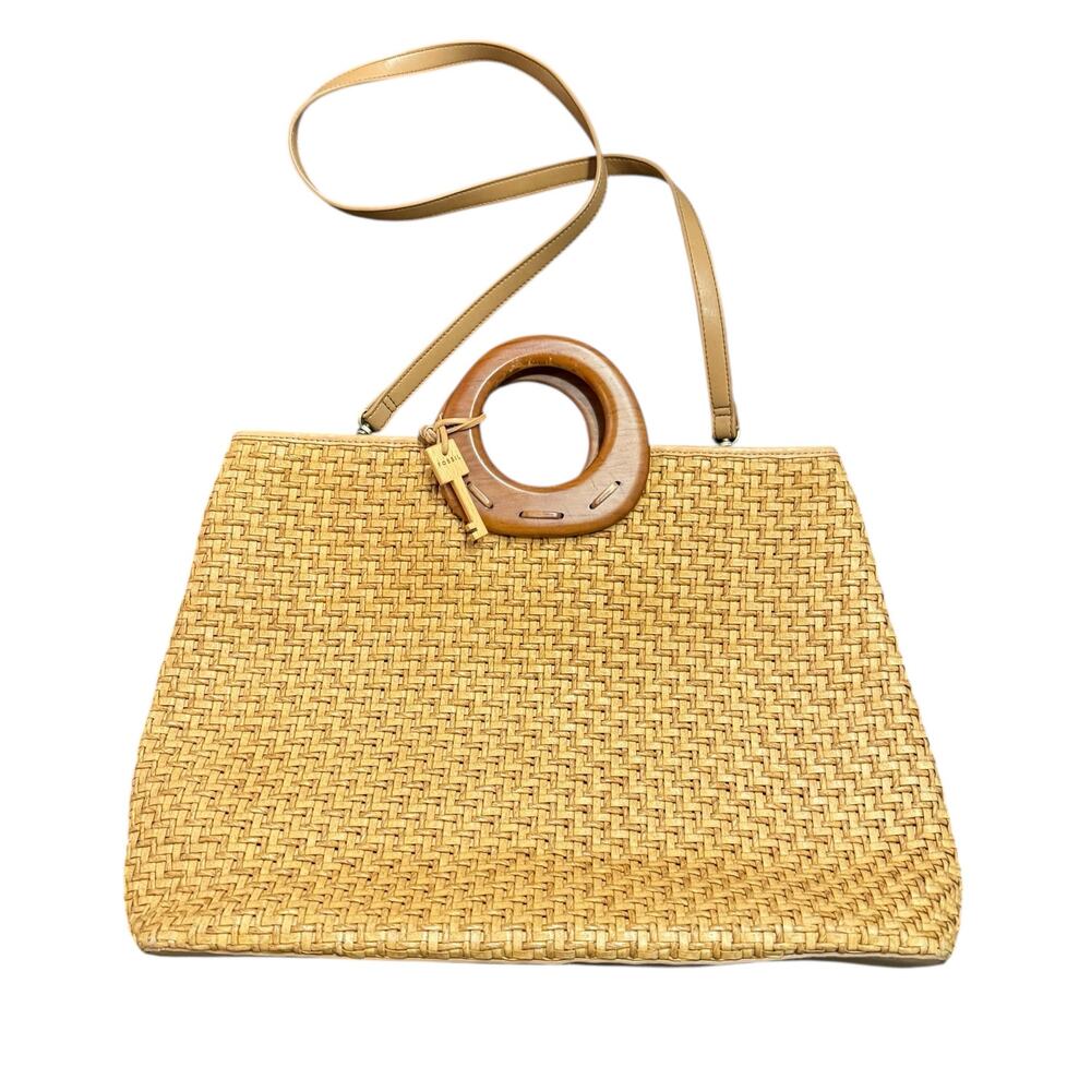 Fossil 75082 Brown Woven Straw Wood Key Charm Tote Handle Bag w crossbody strap